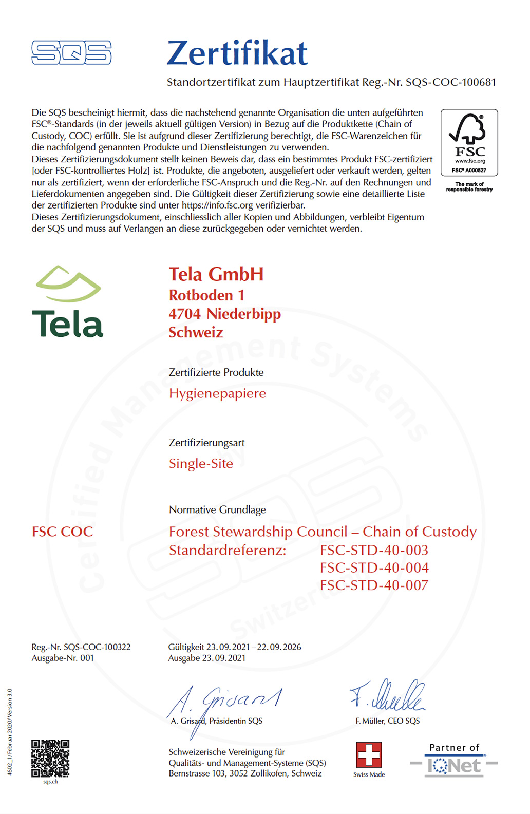 Tela FSC Zertifikat